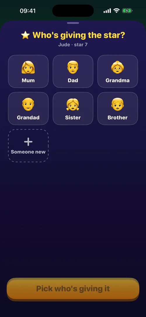 Jude's Stars app screen: the whole family can give stars
