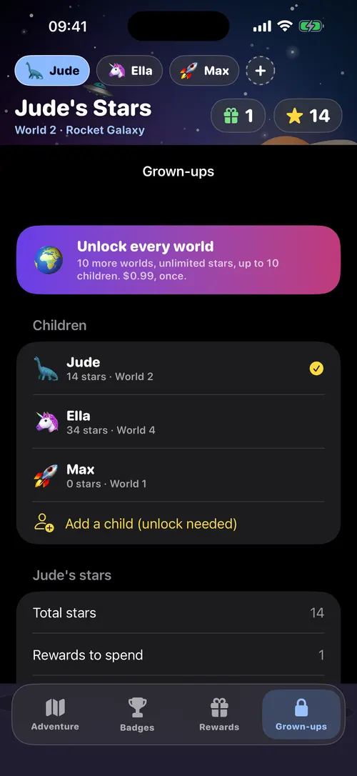Jude's Stars app screen: grown-ups stay in control